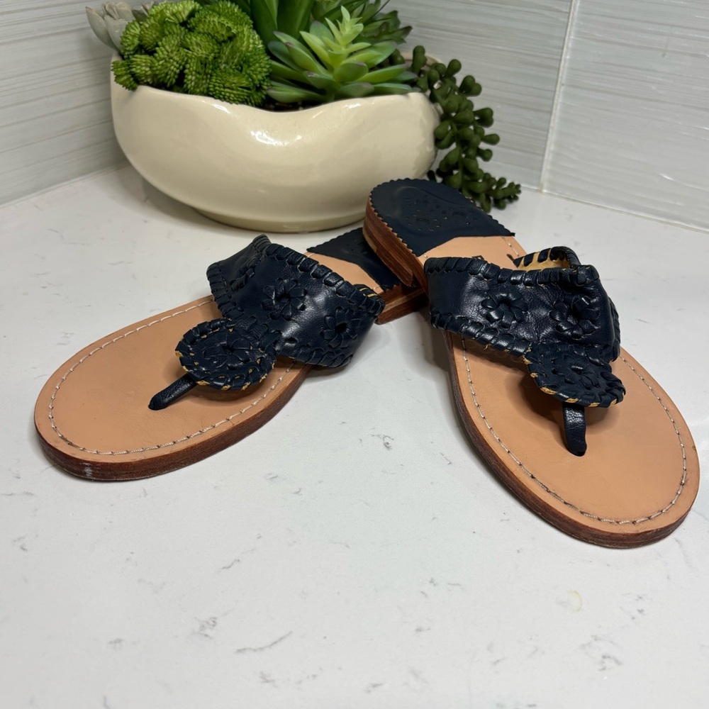 Palm Beach Sandals Navy Leather Jacks Whipstitch Thong Flats Women's Size 7 USA